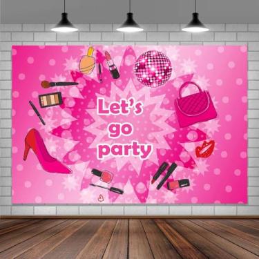 Imagem de Pano de fundo de festa rosa 2 x 1,5 m, fundo de tema retrô Let's Go Party dos anos 80 anos 90, pano de fundo de aniversário de mulheres meninas para decoração de sessão de fotos fotográficas