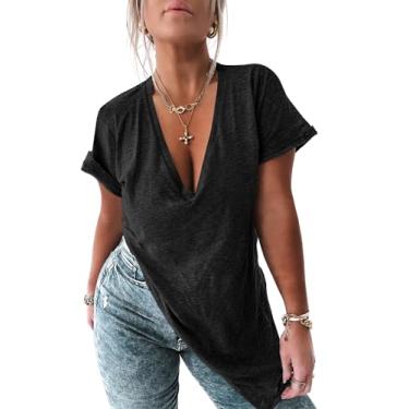 Imagem de Tankaneo Camiseta feminina de manga curta com decote em V profundo e fenda lateral grande para o verão, Preto, GG