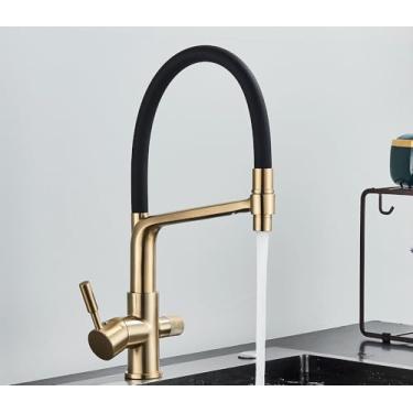Imagem de Filtro torneira da cozinha ouro escovado 360 giratória torneiras de água pura para cozinha preto pull down purificação misturador água, ouro escovado b