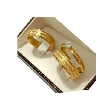 Imagem de Alianças Casamento Banhada Ouro 18k 6mm + Anel Solitario (Dourado Masculino, 30)
