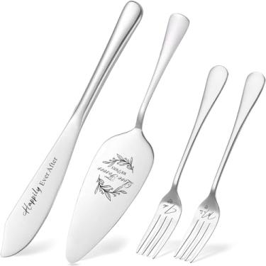 Imagem de Presente de casamento para casais 2024, conjunto de faca e servidor de bolo de casamento com garfos, conjunto de corte de bolo de prata para casamento, presente de chá de panela, presente para Sr. e