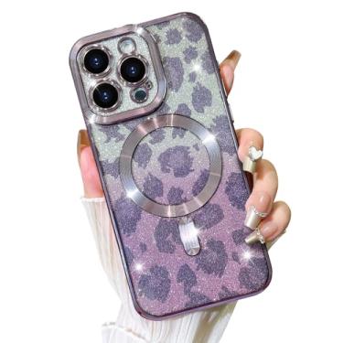Imagem de Fiyart Capa projetada para iPhone 15 Pro Max, compatível com MagSafe Cheetah Print Plating Capa de telefone transparente, estampa de leopardo com glitter magnético para mulheres e meninas, capa de