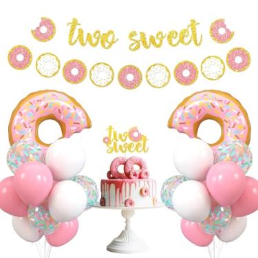 Imagem de Levfla Two Sweet Donut Party Decoration Baby Second Birthday Glitter Doughnut Banner Cake Topper Sprinkles Balloons Kids Party Favor Ideas Supplies