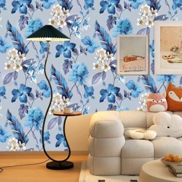 Imagem de mwpqbd Papel de parede de planta verde descasque e cole fundo floral mural parede quarto sala de estar papel de parede PVC 45 x 599 cm (azul)