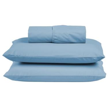 Imagem de Jogo de Cama Box Casal Algodão Percal 200 Fios Hotel Pousada 3 Peças Lençol com Elástico (Azul Psicina)