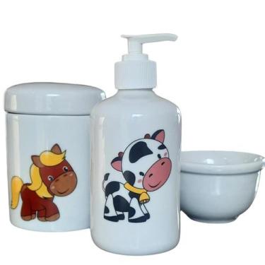 Imagem de Kit higiene bebê Fazendinha 3 peças - pote, porta álcool e molhadeira 