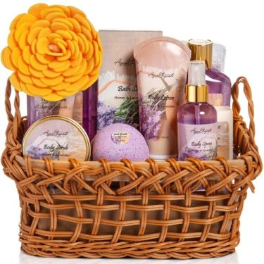Imagem de Cestas de spa para mulheres – Conjunto de banho de luxo com mel e lavanda – Kit de spa inclui lavagem, banho de espuma, loção, sais de banho, esfoliante corporal, spray de banho, bombas, sabão e toalha, grande