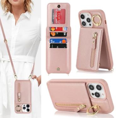 Imagem de DEYHU Capa de telefone para iPhone 13 Pro Max com suporte para cartão e alça para mulheres, bolsa transversal com suporte de anel, capa carteira com zíper para bolsa Apple13promax - ouro rosa