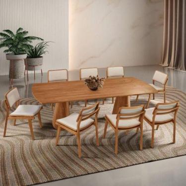 Imagem de Mesa De Jantar Noronha 220cm Madeira Tampo Barril 8 Cadeiras Eva Linho