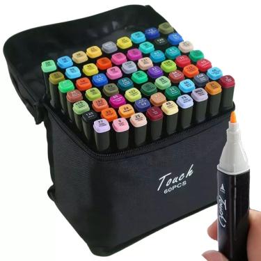 Imagem de Canetas Canetinhas Estojo 60 Cores Ponta Dupla Marcador Bolsa Maleta Desenho Arte Pintura Trabalho Escola
