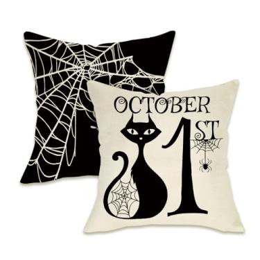 Imagem de Fahrendom Capas de almofada decorativas de teia de aranha de Halloween, 45,7 x 45,7 cm, conjunto de 2, 31 de outubro, gato preto, varanda, pátio, capa de almofada para sofá, decoração de casa