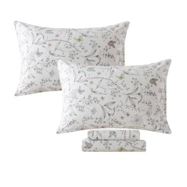 Imagem de FADFAY Conjunto de lençóis casal floral estilo botânico vintage com borboletas coloridas, galhos e folhas desgastados, 100% algodão percal, supermacio e respirável, elástico de bolso fundo, 4 peças