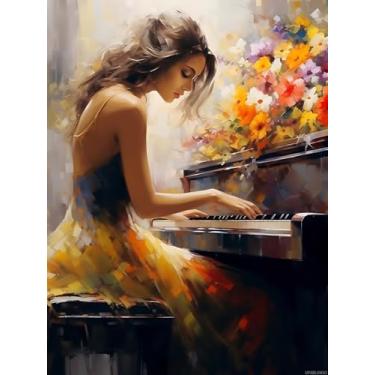 Imagem de Mulher tocando piano com flores pintura de diamante, kits de pintura de diamante de piano estético, kits de pintura de diamante DIY 5D para adultos, arte de diamante, para decoração de parede de casa