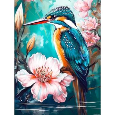 Imagem de UPABLUNSO Kit de pintura de diamante Kingfisher on The Lilies para adultos, arte de diamante de broca completa DIY para iniciantes, kits de pintura de pontos de diamante 5D, artesanato para decoração