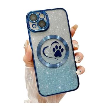 Imagem de Weonmov Capa para iPhone 13 com glitter transparente pata amor coração compatível com MagSafe, proteção completa magnética forte para lente de câmera macia, fina e fofa - azul