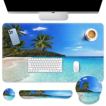 Imagem de Arttown Tapete de mesa tropical Sunshine Beach conjunto de mouse pad de verão oceano 4 em 1 design ergonômico grande almofada de mesa + descanso de pulso para teclado + descanso de pulso para mouse +