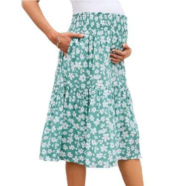 Imagem de FUNJULY Saia de maternidade casual cintura alta rodada rodada saia evasê com bolsos, Flor verde e branca - V, M