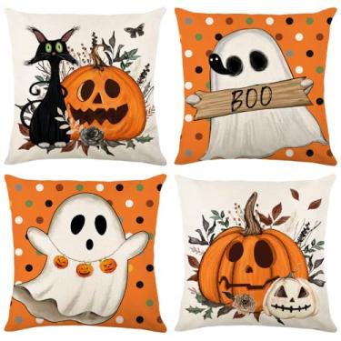 Imagem de MAZSHTTD Capas de travesseiro de Halloween 50 x 50 cm conjunto de 4 capas de almofada de bolinhas laranja abóboras boo gato preto fantasma capa de almofada decorativa interna e externa para sofá cama