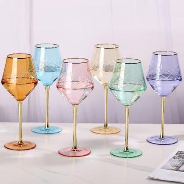Imagem de SIPBYSOP Conjunto de 6 taças de vinho coloridas – aro e haste douradas, vidro gravado à mão, taças de vinho de cristal de 510 g, taças de vinho multicoloridas para taça de vinho tinto e branco