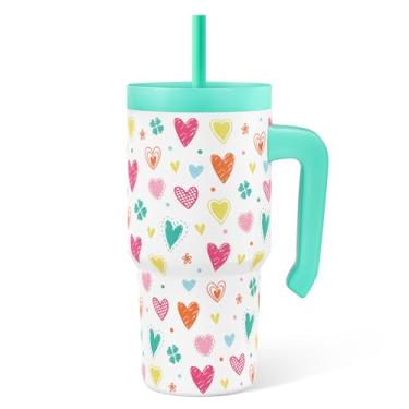 Imagem de SANDJEST Copo infantil Heart Design de 590 ml com alça e tampa de canudo de silicone, copo de aço inoxidável isolado, presente para meninas, ideia de presente para aniversário, Natal, volta às aulas