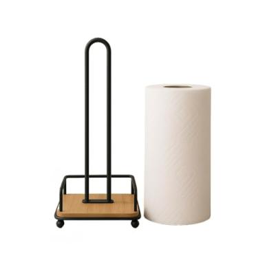 Imagem de Porta Papel Toalha Bambu Suporte Vertical Organizador Madeira Cozinha(FERRO COM BAMBU)