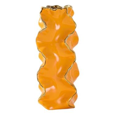 Imagem de YUSHUIHOME Vaso de cerâmica com padrão ondulado e acabamento dourado | Casamento/decoração de casa de luxo moderno | Forma quadrada (ouro laranja, médio 24 cm)