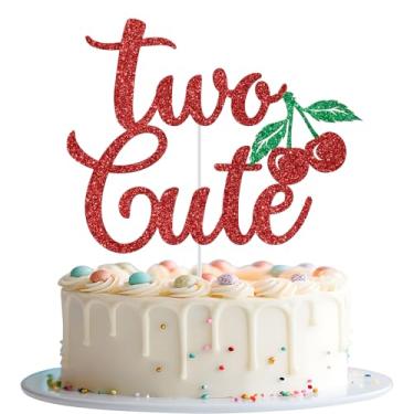 Imagem de Dois topos de bolo fofos, decorações de 2º aniversário com tema de cereja, dois doces, decoração de chá de bebê gêmeos, frutas de verão, cereja, aniversário, chá de bebê, glitter vermelho