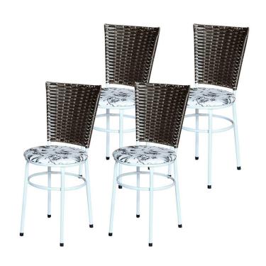 Imagem de 4 Cadeiras Para Mesa Branca Hawai Marrom Assento Floral Branco