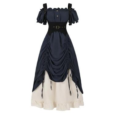 Imagem de LTAKK Vestido Renascentista Feminino Medieval Fantasia de Pirata Steampunk Ren Faire Vestidos com Espartilho 3 peças, Azul Marinho, Médio