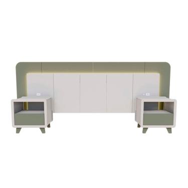 Imagem de Cabeceira Casal Queen com 2 Mesas de Cabeceira Led 3000k e Tomadas 100% Mdf Mabel Branco/ Verti