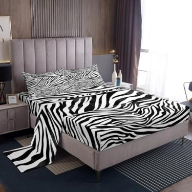 Imagem de Feelyou Jogo de lençol casal com estampa de animais de zebra, preto e branco, com bolso alto, microfibra e arte abstrata