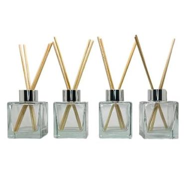 Imagem de KIT 04 Frasco de Vidro Cubo 100ML Tampa Luxo Para Aromatizador Difusor + Varetas(PRATA)