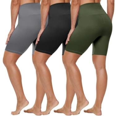 Imagem de HLTPRO Pacote com 3 shorts de motociclista plus size com bolsos para mulheres (P-4GG)- Shorts de cintura alta com controle de barriga de 20,3 cm/12,7 cm para ioga, Preto/Cinza/Verde-oliva, XGG