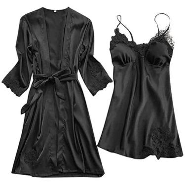 Imagem de Lingerie feminina seda renda robe vestido babydoll camisola pijamas co