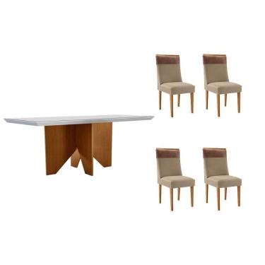 Imagem de Conjunto Sala de Jantar Nevada c/ Tampo Madeirado c/ Vidro Canto Curvo 120x80cm e 4 Cadeiras Jaspe Madeira Maciça Naturale/Off White - Capuccino/Linho
