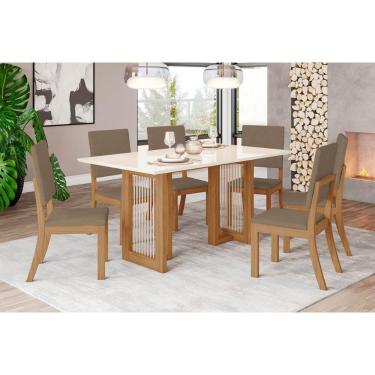 Imagem de Sala de Jantar Completa Yara SC79 Tampo Madeirado c/ Vidro Canto Curvo 160x90cm e 6 Cadeiras Milla Nature/Suede Light Marrom Amêndoa - Henn