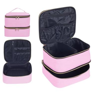 Imagem de TANPADUAJI Bolsa de maquiagem de camada dupla, organizador de cosméticos grande portátil com divisórias ajustáveis, bolsa de viagem para acessórios, pincéis, condicionador e produtos de cuidados com a