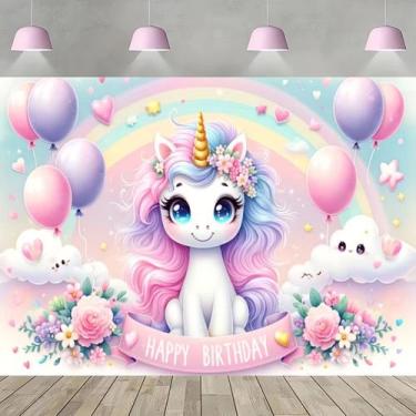 Imagem de Tapeçaria suspensa na parede, festa de aniversário de unicórnio, 150 c