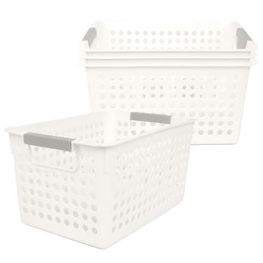 Imagem de Cestas de armazenamento de plástico, pacote com 4 cestas organizadoras estreitas, caixas de armazenamento brancas com alças, recipientes de armazenamento de cozinha, caixas organizadoras de plástico