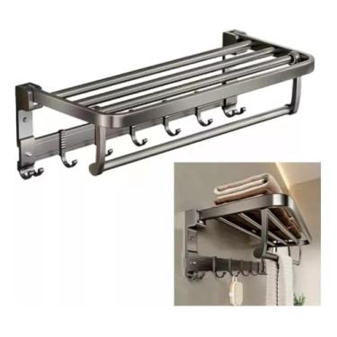 Imagem de Porta Toalha Suporte Toalheiro Duplo De Banho Dobrável Aço (50cm)