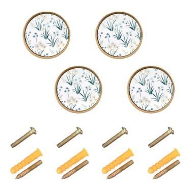 Imagem de Burbuja Maçanetas de armário de cozinha com flores de prímulas brancas, pacote com 4, puxadores redondos de 3,5 cm, puxadores de cômoda com parafusos para armários de cozinha, quarto, armário