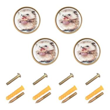 Imagem de Burbuja Lindo ouriço segurando cupcake puxadores de armário de cozinha pacote com 4, gaveta redonda de 3,5 cm, puxadores de cômoda com parafusos para cozinha, quarto, armários, armário