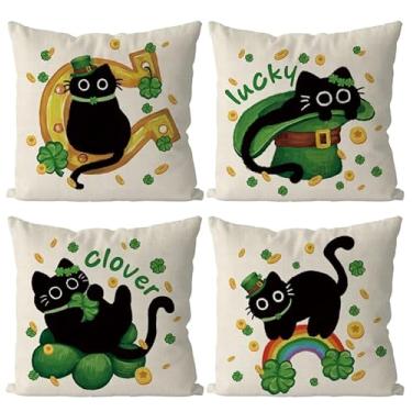 Imagem de QIONG MENG Capas de almofada de Dia de São Patrício 50 x 50 cm Conjunto de 4 fronhas de decoração de gato preto Feliz Dia de São Patrício para decoração de sofá de casa e sala de estar