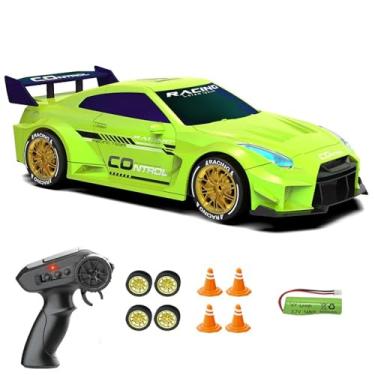 Imagem de Carro RC Drift 1/24 2,4 GHz 4WD Controle Remoto Esportivo Corrida, Baterias e Pneus Drift (GRT Verde Limão)
