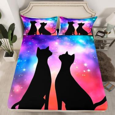 Imagem de Erosebridal Jogo de lençol solteiro com tema de galáxia, azul e roxo, céu estrelado, gatinho, adorável animal de estimação, decoração de quarto para crianças, senhoras, presente de Dia dos Namorados