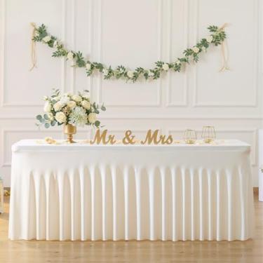 Imagem de Toalha de mesa de champanhe para mesas retangulares de 1,8 m com elástico, capa de mesa de elastano com saia para chá de bebê, festa de aniversário, banquete, babados, toalha de mesa de casamento