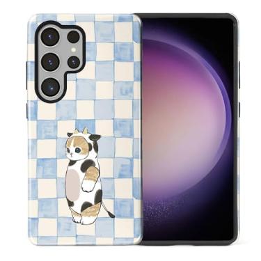 Imagem de Goodsprout Capa para Samsung Galaxy S25 Ultra, silicone TPU de camada dupla + policarbonato rígido, à prova de choque e resistente a arranhões, azul quadriculado um gato vestido com roupas de vaca