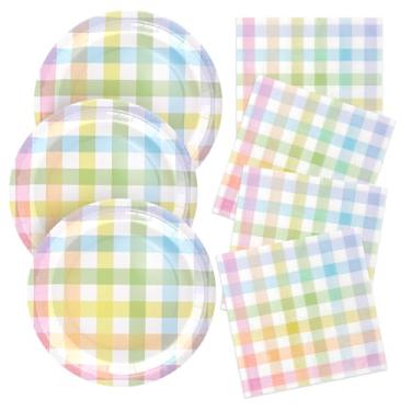 Imagem de Whaline Os conjuntos de utensílios de mesa de Páscoa servem 61 cm pratos de papel descartáveis xadrez pastel com guardanapos de papel de almoço decorativos para artigos de festa de primavera, 48 peças
