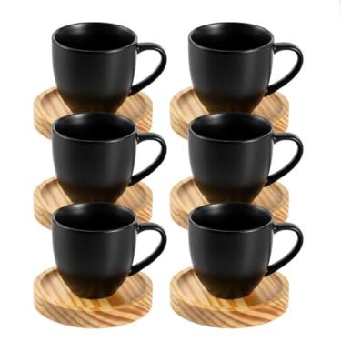 Imagem de Conjunto de xícaras de café - conjunto de 12 peças, incluindo pires de madeira (6 xícaras de café de 80ml + 6 pires) (Preta)