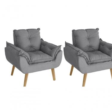 Imagem de Kit 02 Poltrona/cadeira Decorativa Glamour Opala Com Pés Quadrado Cinza